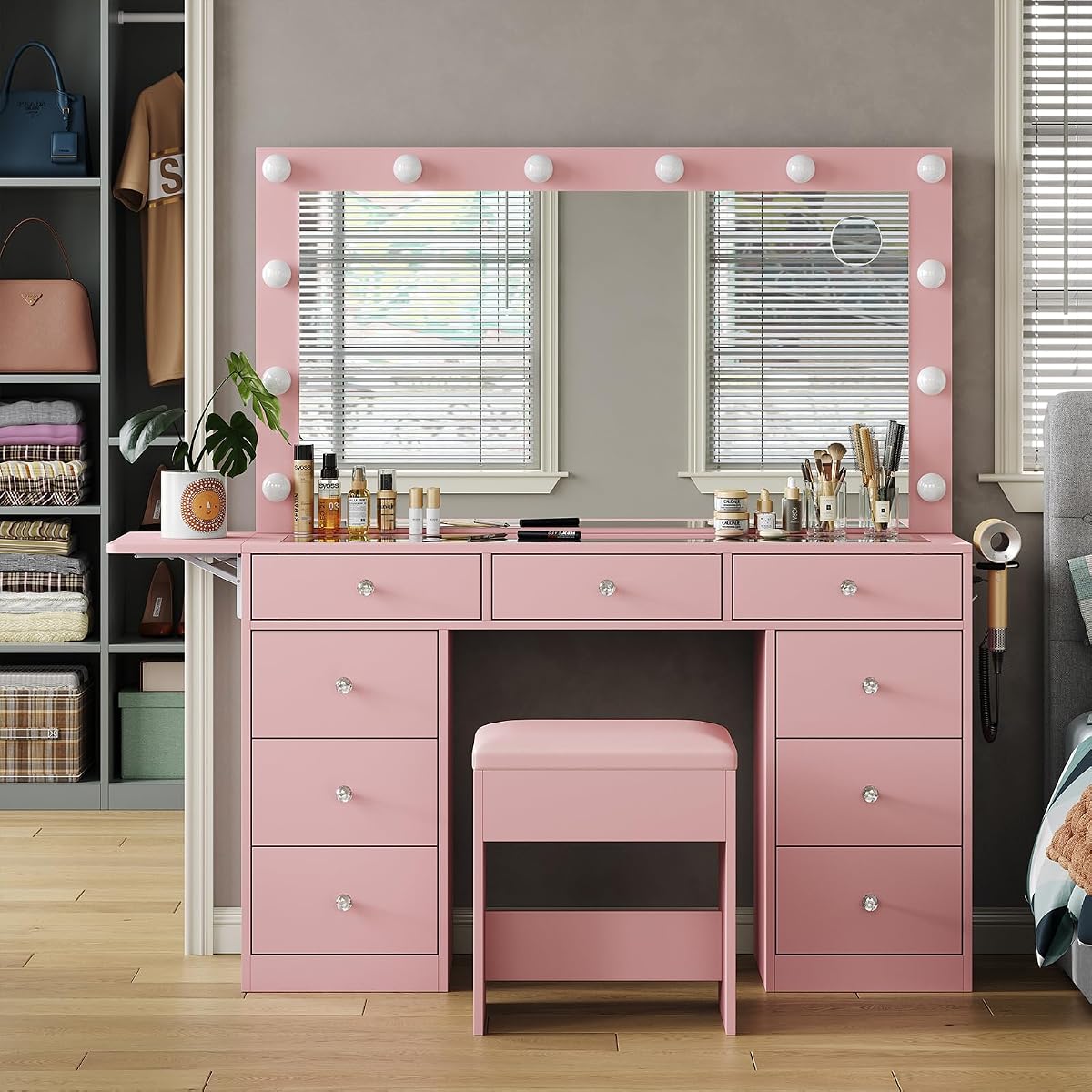 Vanity Desk with Power Outlet, Makeup Vanity with Lighted Mirror, 3 Lighting Modes Adjustable, 9 Drawers Vanity Table with Chair with Fold-up Panel, Glass Top, Dressing Table for Bedroom, Pink