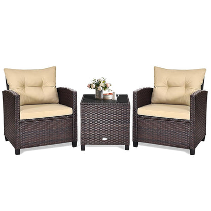 3 Piece Patio Furniture Set, Outdoor Conversation Set with Washable Cushions & Tempered Glass Tabletop, PE Rattan Wicker Bistro Set for Porch, Garden, Balcony (Beige)