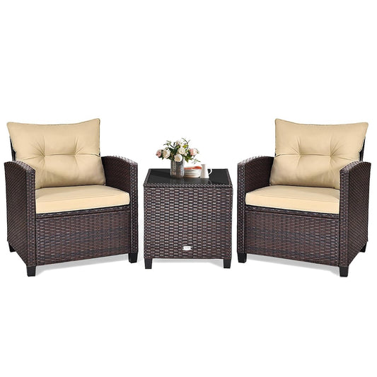 3 Piece Patio Furniture Set, Outdoor Conversation Set with Washable Cushions & Tempered Glass Tabletop, PE Rattan Wicker Bistro Set for Porch, Garden, Balcony (Beige)