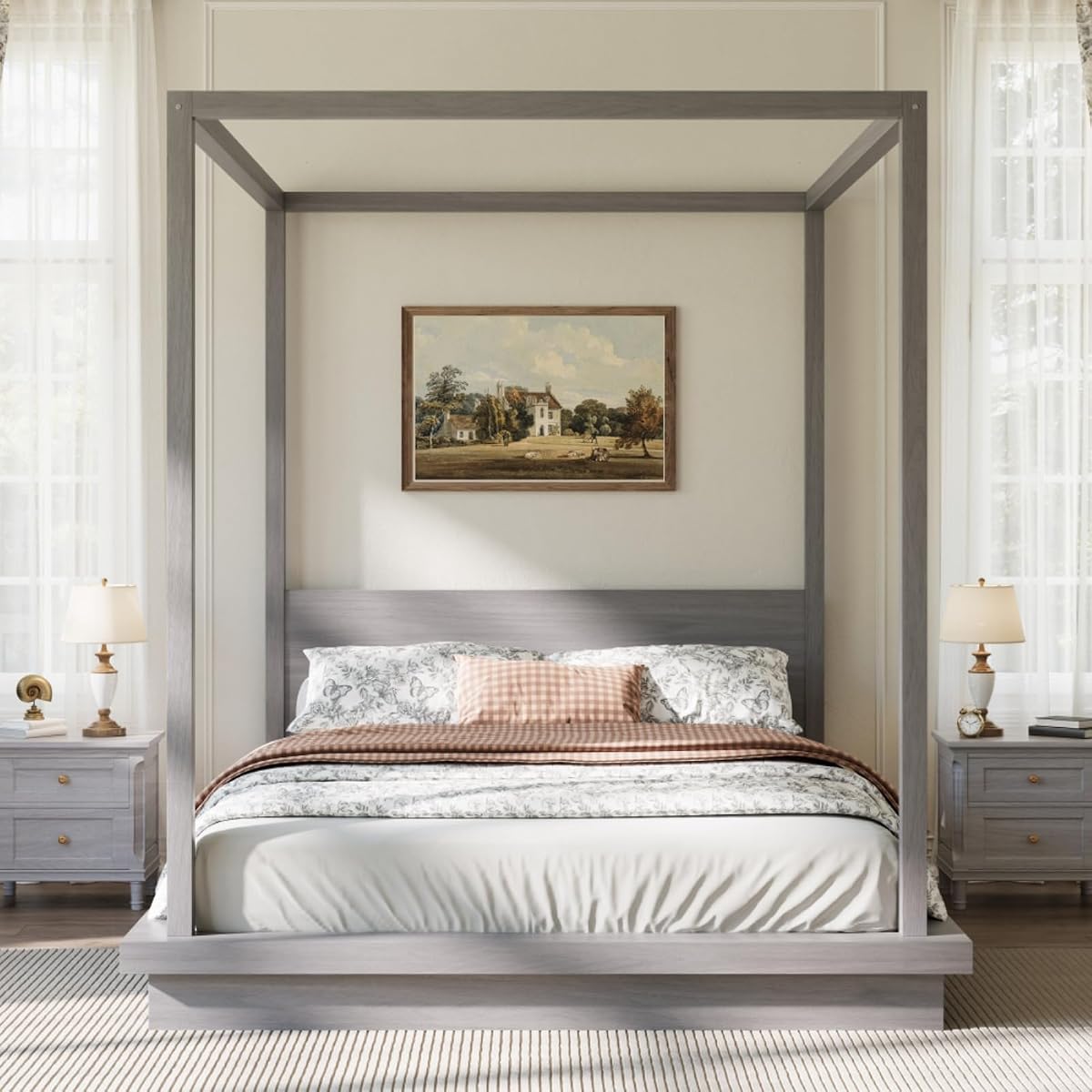 Queen Size Canopy Bed with Headboard (Gray)