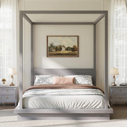 Queen Size Canopy Bed with Headboard (Gray)