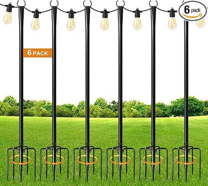 MuliVid 6 Pack 9FT String Light Poles for Outdoor,Metal Lights Hanging Pole Outside with Fork,Light Stand for Patio, Pergola, Garden, Backyard, Yard, Camping Party