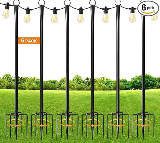 MuliVid 6 Pack 9FT String Light Poles for Outdoor,Metal Lights Hanging Pole Outside with Fork,Light Stand for Patio, Pergola, Garden, Backyard, Yard, Camping Party