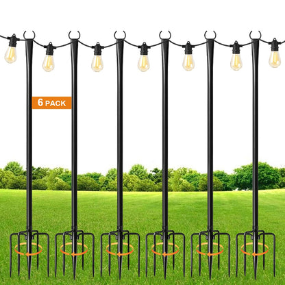 MuliVid 6 Pack 9FT String Light Poles for Outdoor,Metal Lights Hanging Pole Outside with Fork,Light Stand for Patio, Pergola, Garden, Backyard, Yard, Camping Party