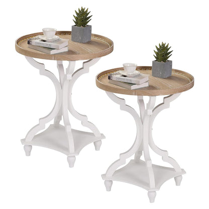 Farmhouse Round Accent End Table, Rustic Side Table Nightstands for Living Room, Wood Tray Top, Handcrafted Finish, Set of 2, White