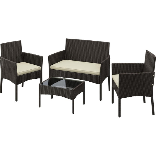 Yaheetech Patio Furniture Set 4 Pieces Conversation Sets, Rattan Chair Wicker Set Loveseat with Soft Cushion and Glass Table for Backyard Porch Garden Poolside Balcony, Brown and Beige