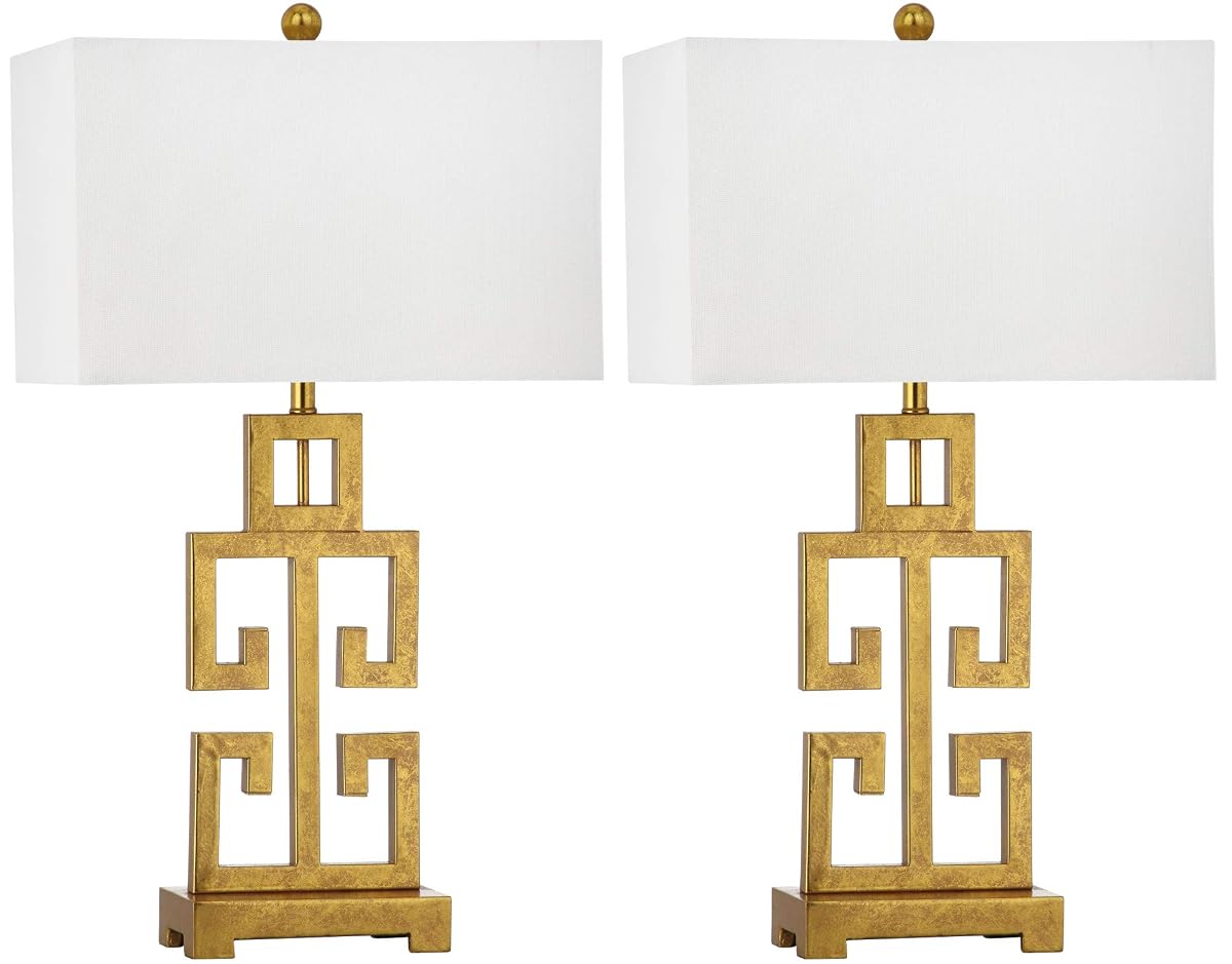 SAFAVIEH Lighting Collection – Greek Key Table Lamp Set of 2 – Antique Gold Metal Base with White Fabric Shade, LED Bulbs Included, 29-Inch Bedroom Living Room Desk Lamps (LIT4305A-SET2)