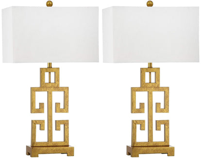 SAFAVIEH Lighting Collection – Greek Key Table Lamp Set of 2 – Antique Gold Metal Base with White Fabric Shade, LED Bulbs Included, 29-Inch Bedroom Living Room Desk Lamps (LIT4305A-SET2)
