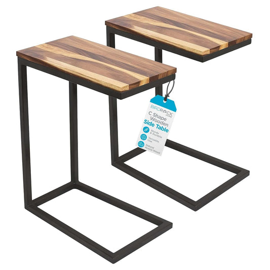 C Shaped End Table for Couch Set of 2 - Modern Industrial TV Tray with Solid Acacia Wood Top and Metal Frame - Small Side Table for Small Spaces, Living Room, or Bedroom (Natural)