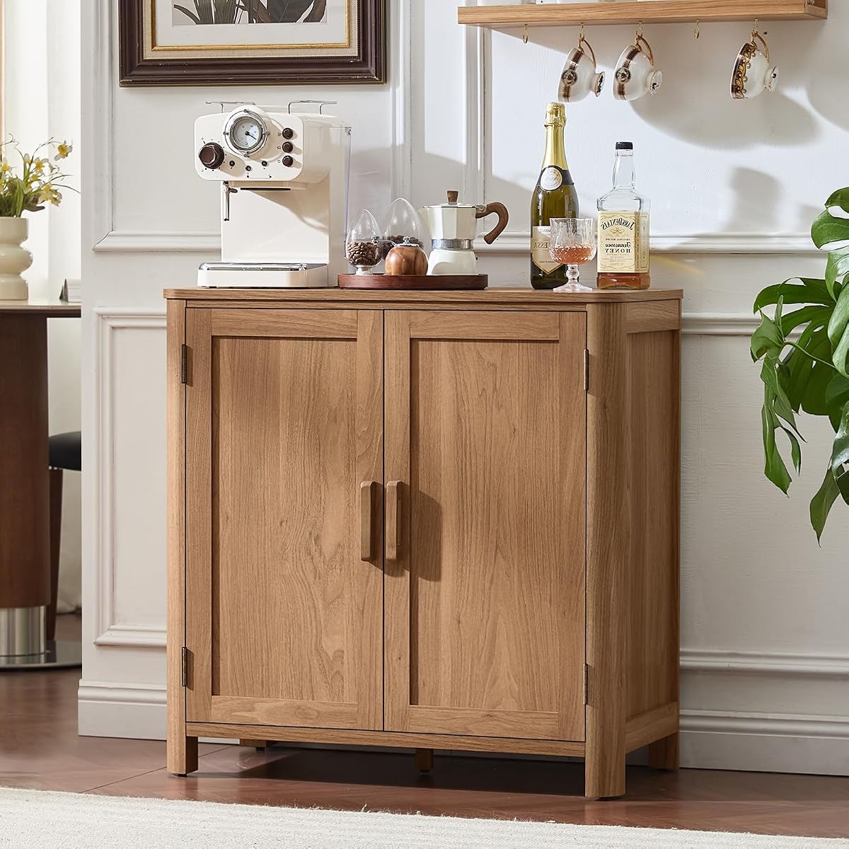 Sideboard Buffet Cabinet with Storage, 31.5" Arc-Shaped Credenza with 2 Doors & Adjustable Shelves, Mid Century Modern Coffee Bar Storage Cabinet for Kitchen, Living Room, Entryway, Darkwood