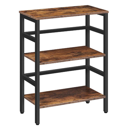 3 Tier Bookshelf, 23.6" L Industrial Bookcase, Record Storage Rack with Side Fence, Storage Shelf with Metal Frame, Rustic Open Display Shelf for Living Room, Bedroom, Rustic Brown BF86CJ01G1