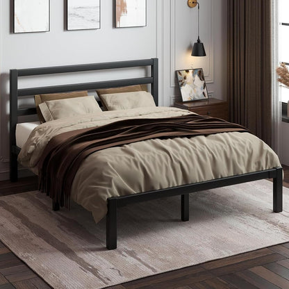 Full Size Metal Bed Frame with Headboard, Metal Slats, Black