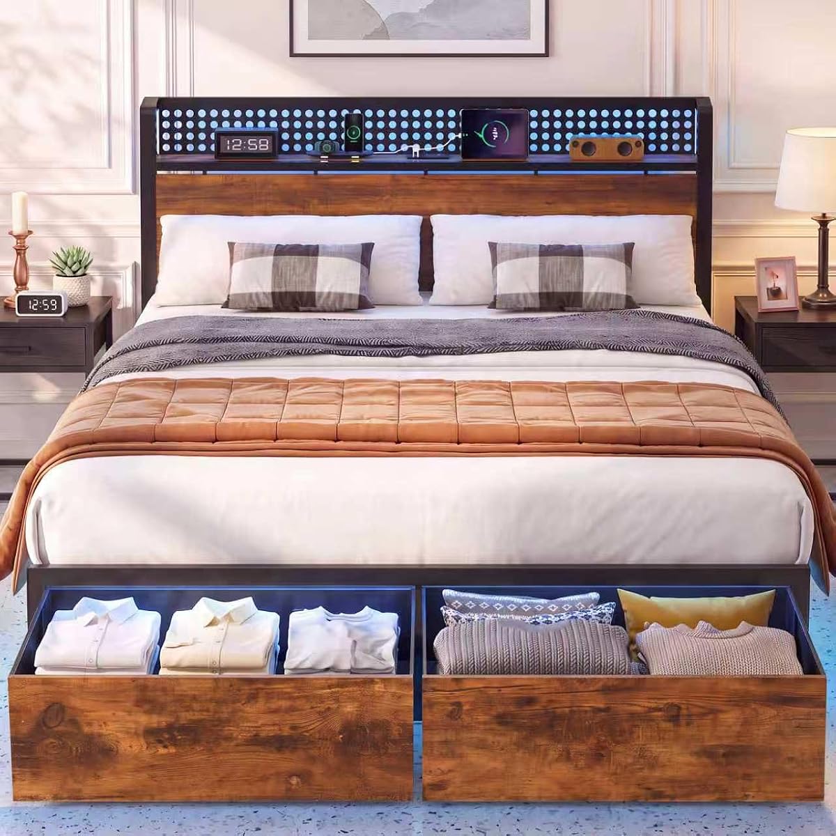Queen Bed Frame with 2 Drawers, Platform Bed with LED Lights & Charging Station