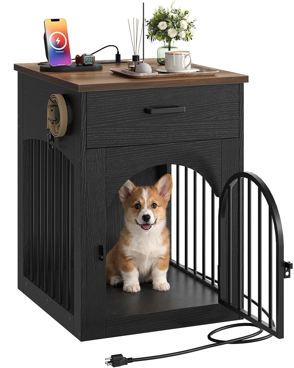 Dog Crate Furniture, Wooden Dog Kennel with Charging Station and Storage Drawer