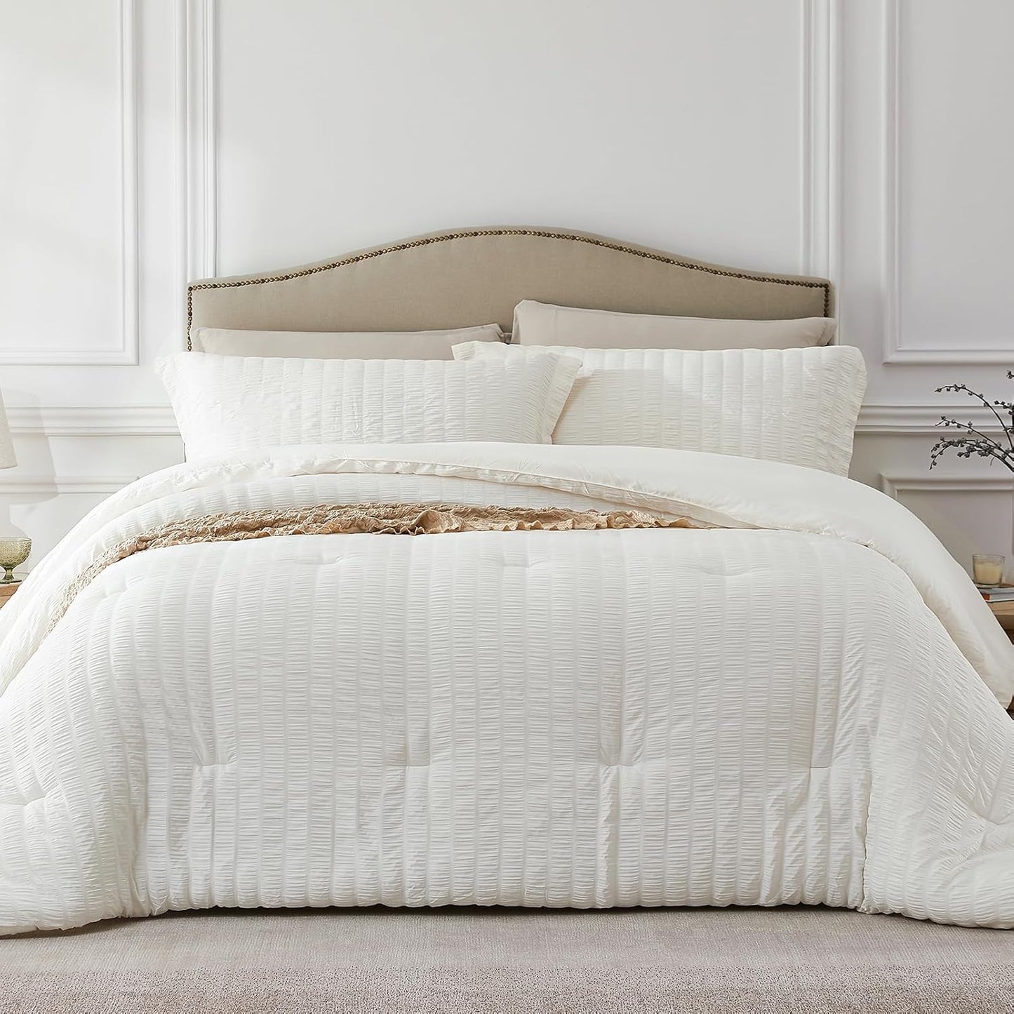 Beige Queen Comforter Set - 3 Pieces Seersucker Lightweight Bedding Comforter Sets (1 Soft Fluffy Comforter & 2 Pillowcases) - All Seasons Cozy Farmhouse Bed Sets for Women Men