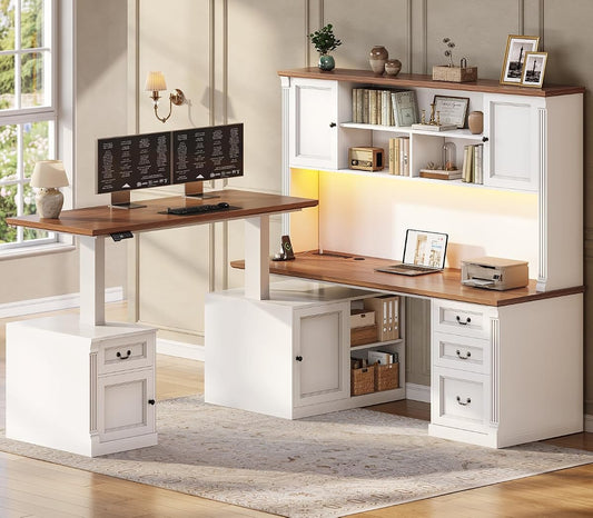 Farmhouse L Shaped Electric Standing Desk with Hutch
