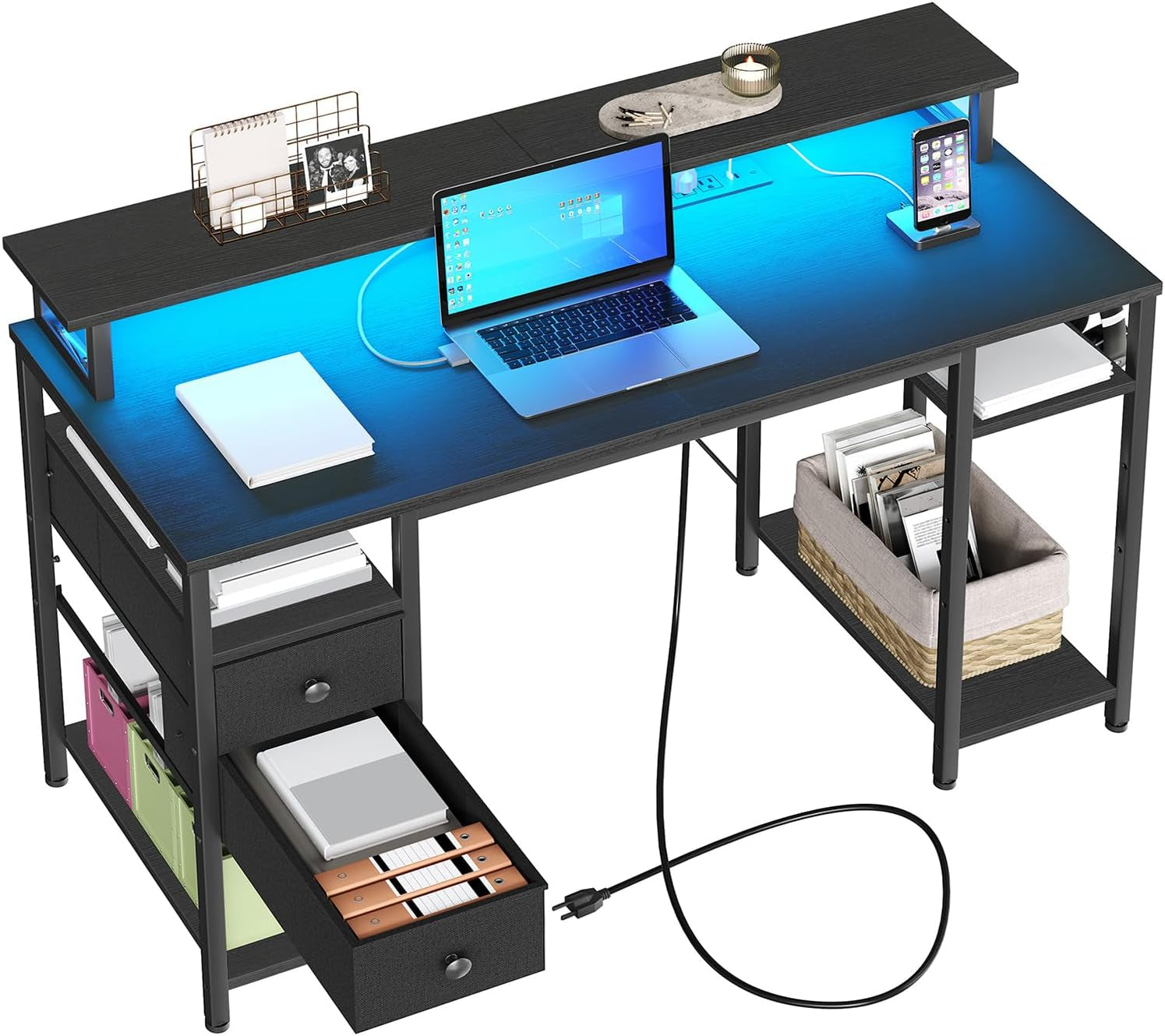 47 Inch Gaming Desk with LED Lights & Power Outlets, Computer Desk with Monitor Stand and Drawers, Gaming Table with Storage Shelves for Home Office, Study, Working, Black BB47UDDN01