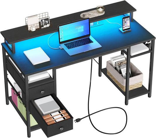 47 Inch Gaming Desk with LED Lights & Power Outlets, Computer Desk with Monitor Stand and Drawers, Gaming Table with Storage Shelves for Home Office, Study, Working, Black BB47UDDN01