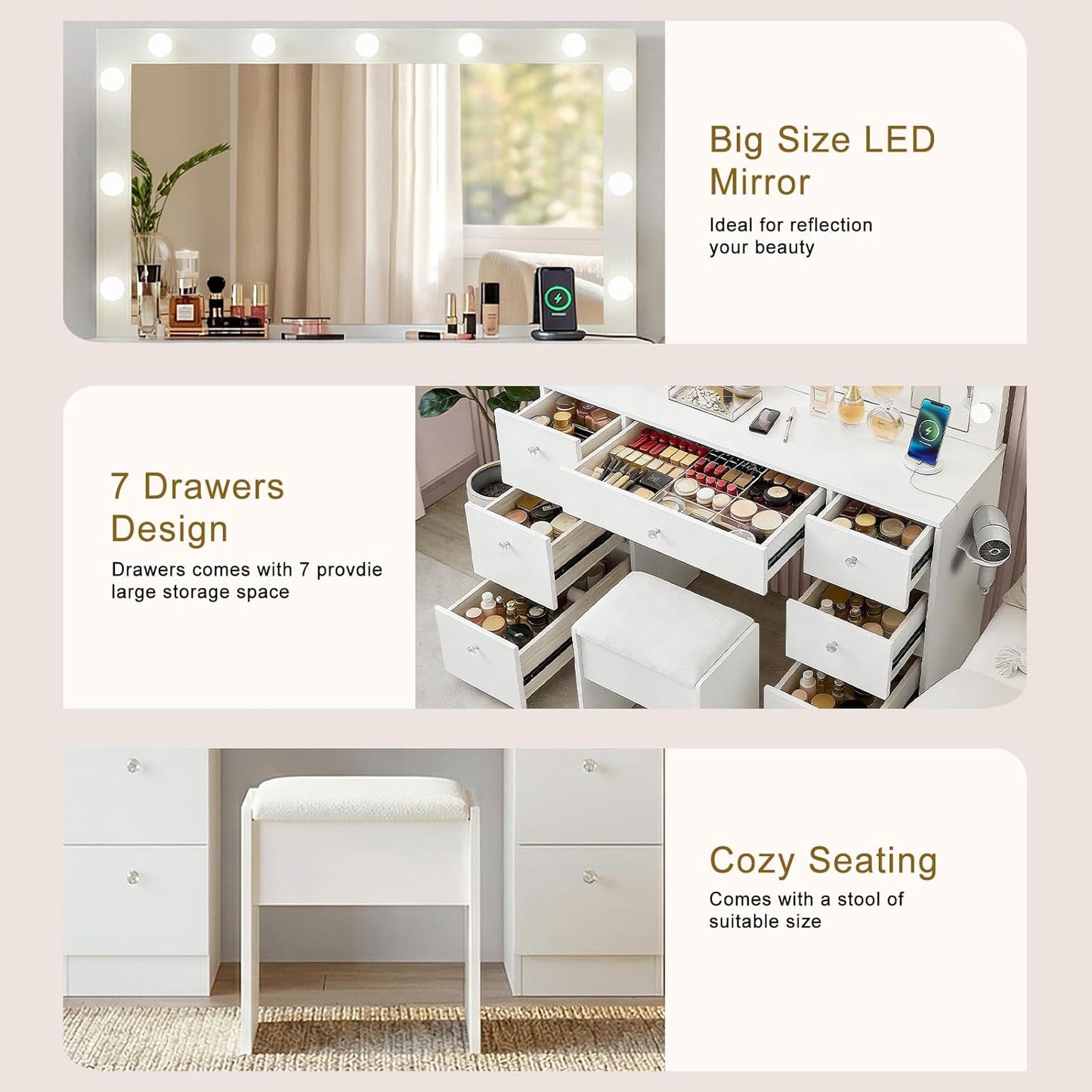 Sweetgo 46" Vanity with Lighted Mirror, Glass Top Makeup Vanity Desk with LED Lights, 3 Color Modes, Charging Station, 7 Drawers Vanity Table Set with Stool for Bedroom, White