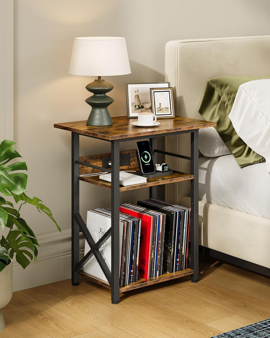 Record Player Stand with Power Outlet, Vinyl Record Storage Side Table, 19" Large Tabletop, Charging Station & Crossed Frame Design for Turntable, Rustic Brown and Black TBZ48UBF