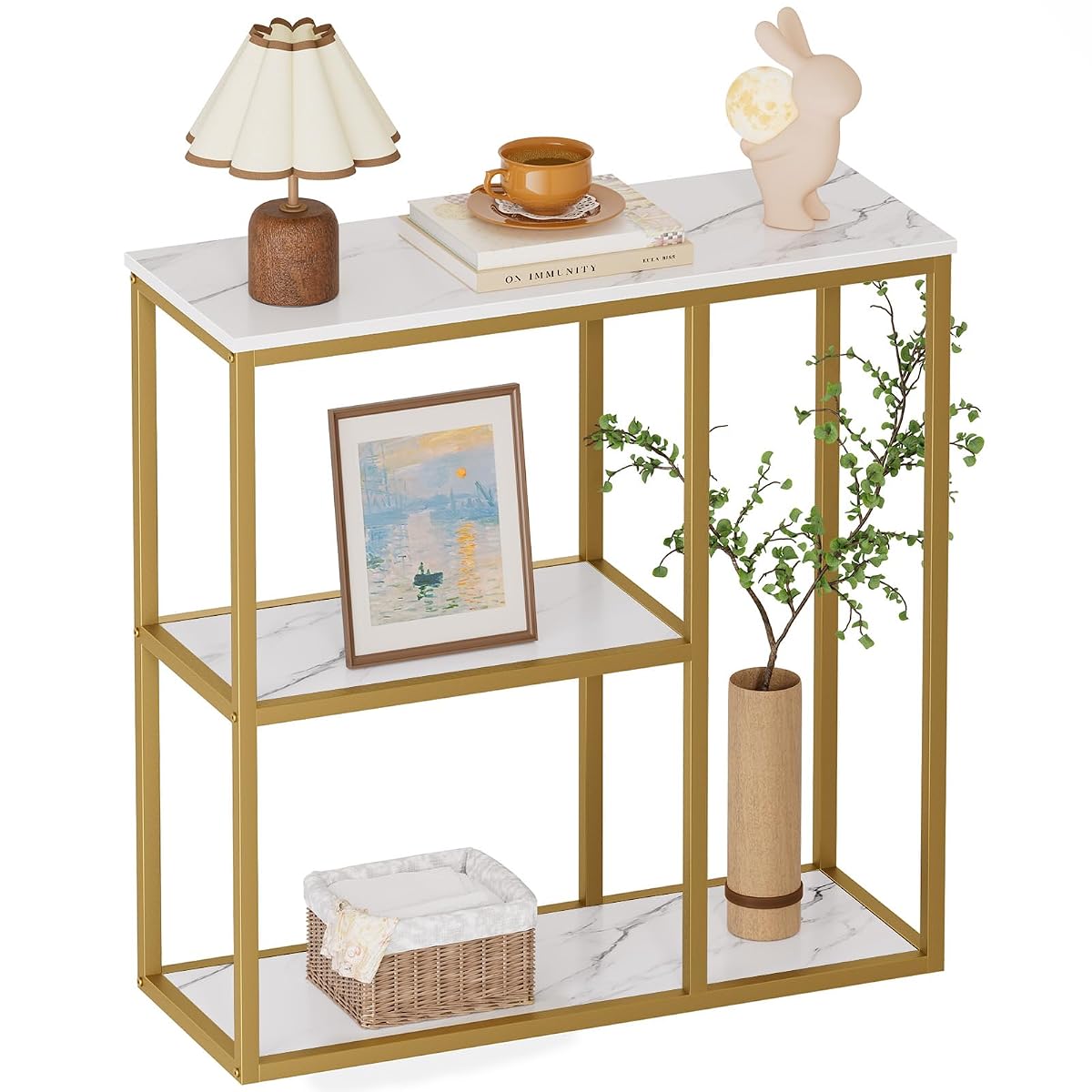 31.5" Narrow Console Table with 3-Tier Storage, Industrial Sofa Table for Entryway, Living Room & Hallway - Gold Marble Faux Top, Sturdy Metal Frame