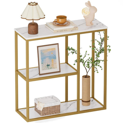 31.5" Narrow Console Table with 3-Tier Storage, Industrial Sofa Table for Entryway, Living Room & Hallway - Gold Marble Faux Top, Sturdy Metal Frame