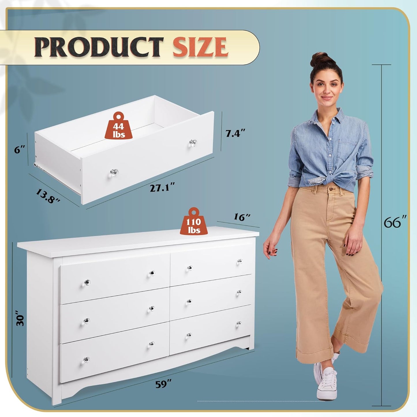 White Dresser with 6 Drawers, 59“ Wide Wooden Chest of Drawers for Bedroom, Modern Dresser Closet Storage Organizer for Living Room Hallway