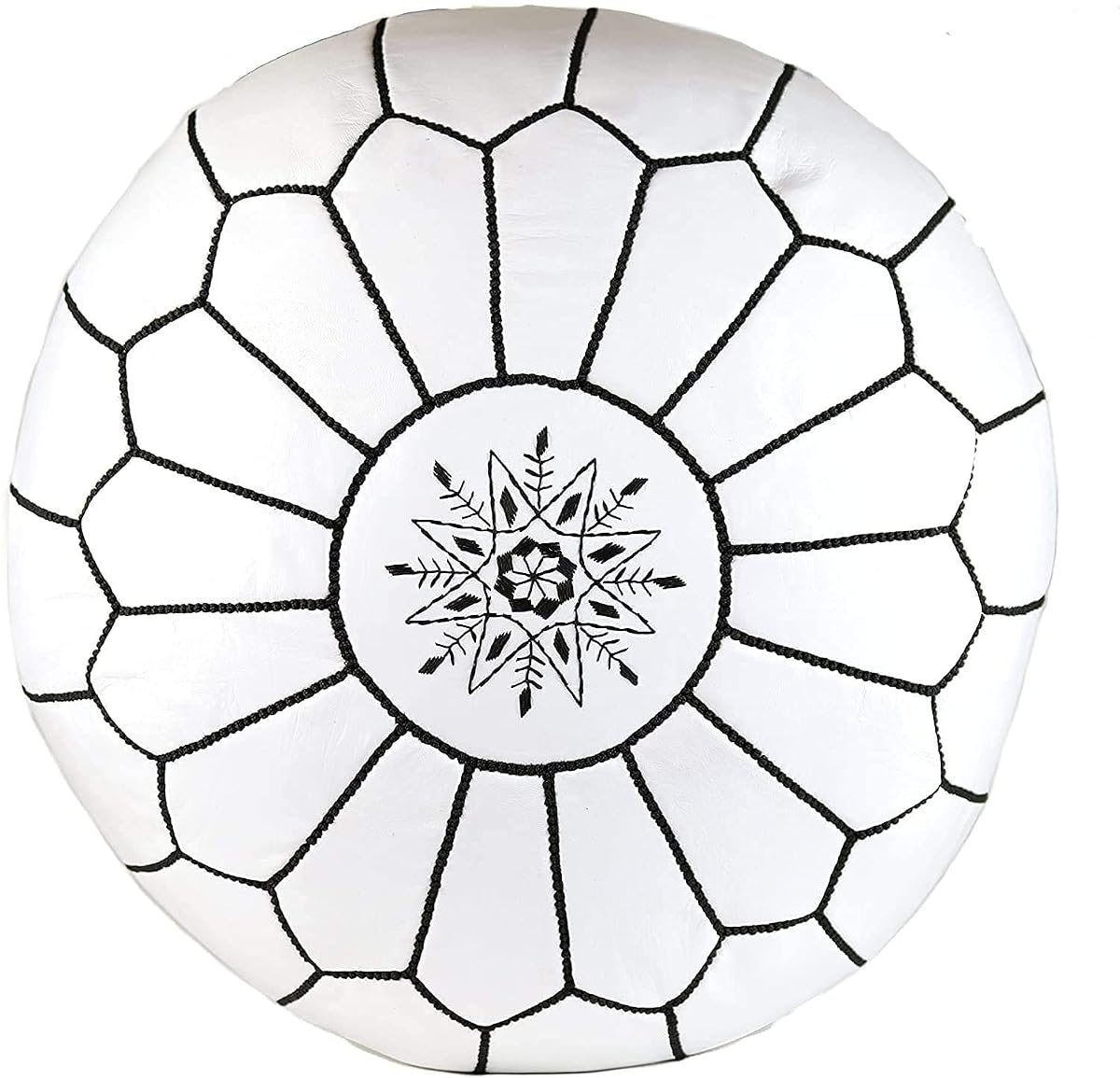 Premium Moroccan Leather Pouf Cover - Round & Large Ottoman Footstool Cover with Embroidery - Cover ONLY - Perfect for The Living Room Bedroom, Kids Room, Gift & Wedding (White By Black)