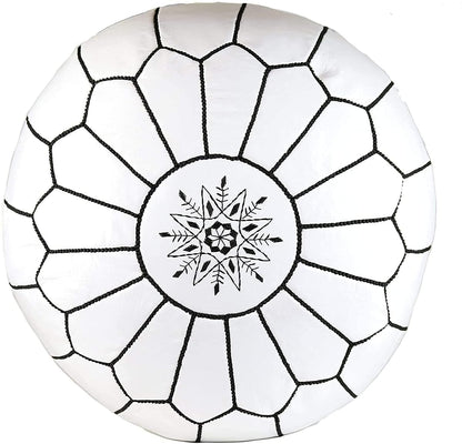 Premium Moroccan Leather Pouf Cover - Round & Large Ottoman Footstool Cover with Embroidery - Cover ONLY - Perfect for The Living Room Bedroom, Kids Room, Gift & Wedding (White By Black)