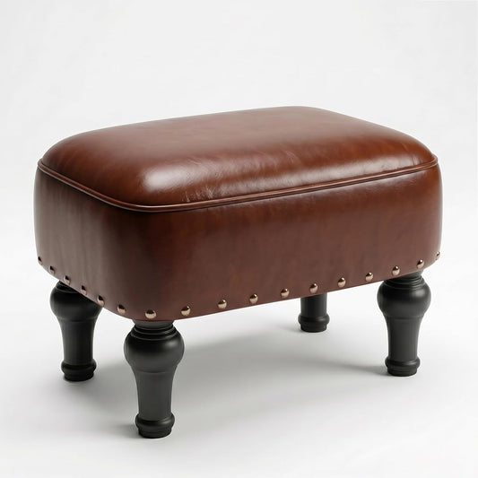 Ottoman Leather Footrest,Vintage Footstool,Thickened Foam Upholstered Seat,Wooden Leg Foot Rest,Under Desk Shoe Bench Small Bench for Living Room Dining Room(Bronw)