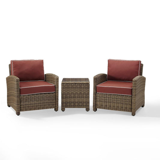 Weathered brown wicker three piece seating set with sangria cushions
