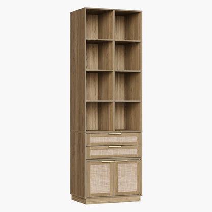 73'' Rattan Bookshelf with Doors and 2 Drawers, Natural Oak | Wood Bookcase with 2 Drawers and Doors, 8 Open Cubes, Adjustable Shelves, Durable Build, Modern Rattan Style