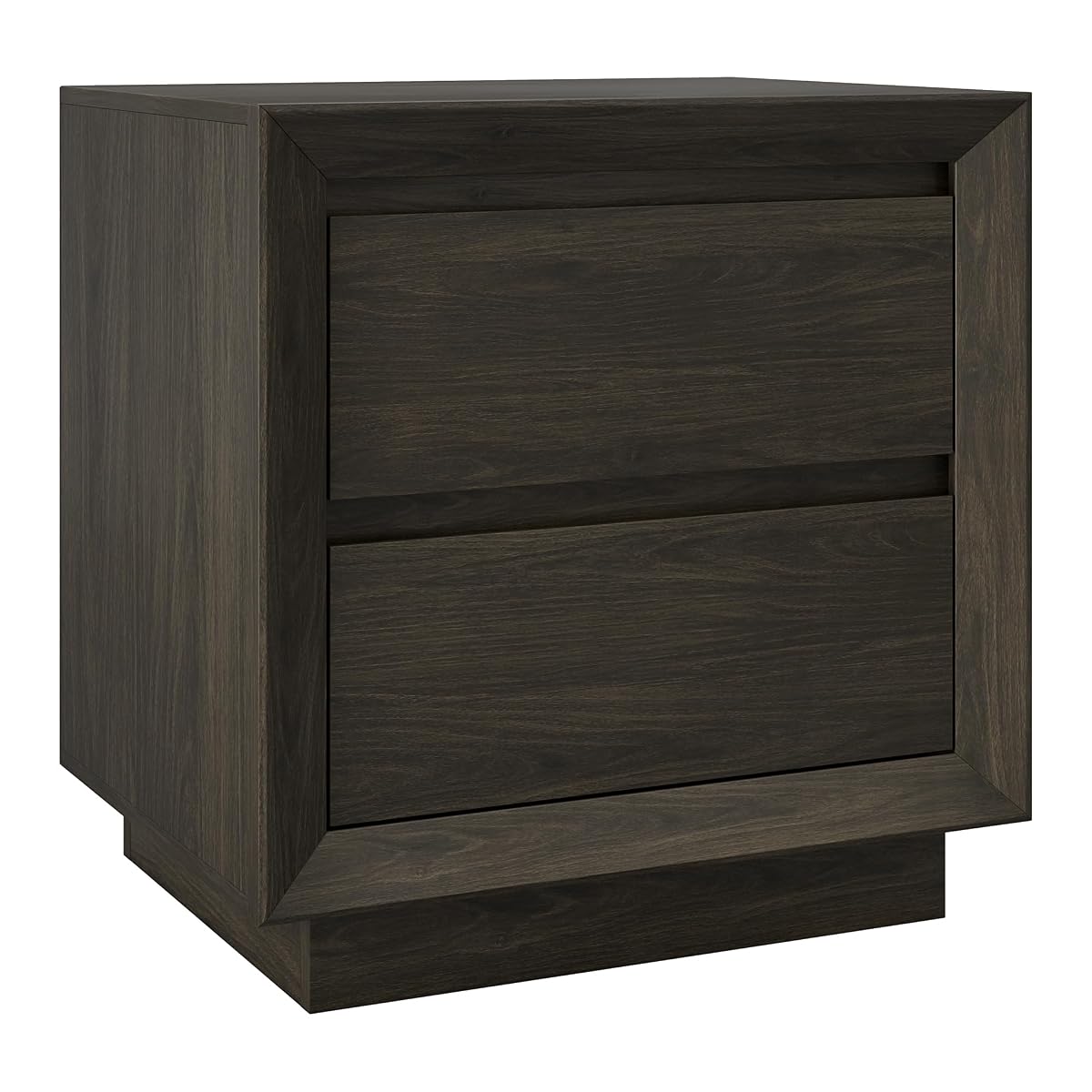24" Nightstand Side Table, Rich Brown | 2-drawer end table with soft-glide drawers, beveled edge detailing, and a plinth base for bedroom, living room, or office