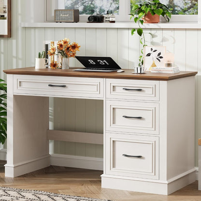 Farmhouse 47" Executive Desk with A File Drawer, Unique White.