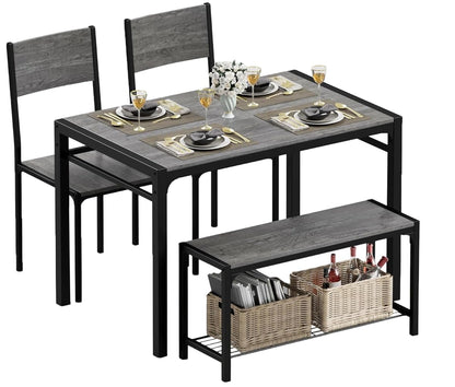 43.3" Dining Table Set for 4, Kitchen Table with Bench & 2 Chairs Modern Rectangular Metal Frame Dining Furniture Set for Small Space (Grey)