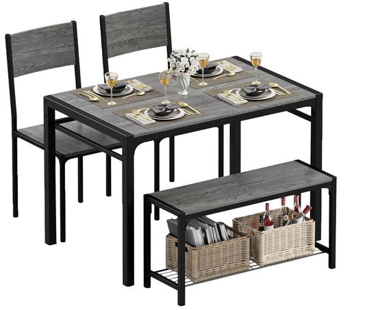 43.3" Dining Table Set for 4, Kitchen Table with Bench & 2 Chairs Modern Rectangular Metal Frame Dining Furniture Set for Small Space (Grey)