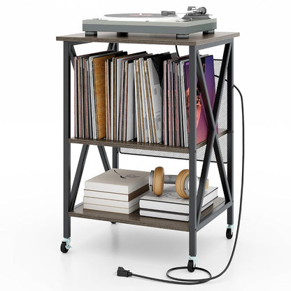 Record Player Stand with Charging Station