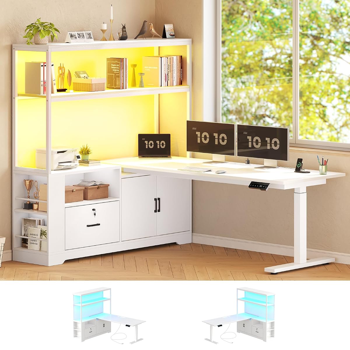 57" L Shaped Standing Desk, Sit Stand Office Desk with Storage Hutch