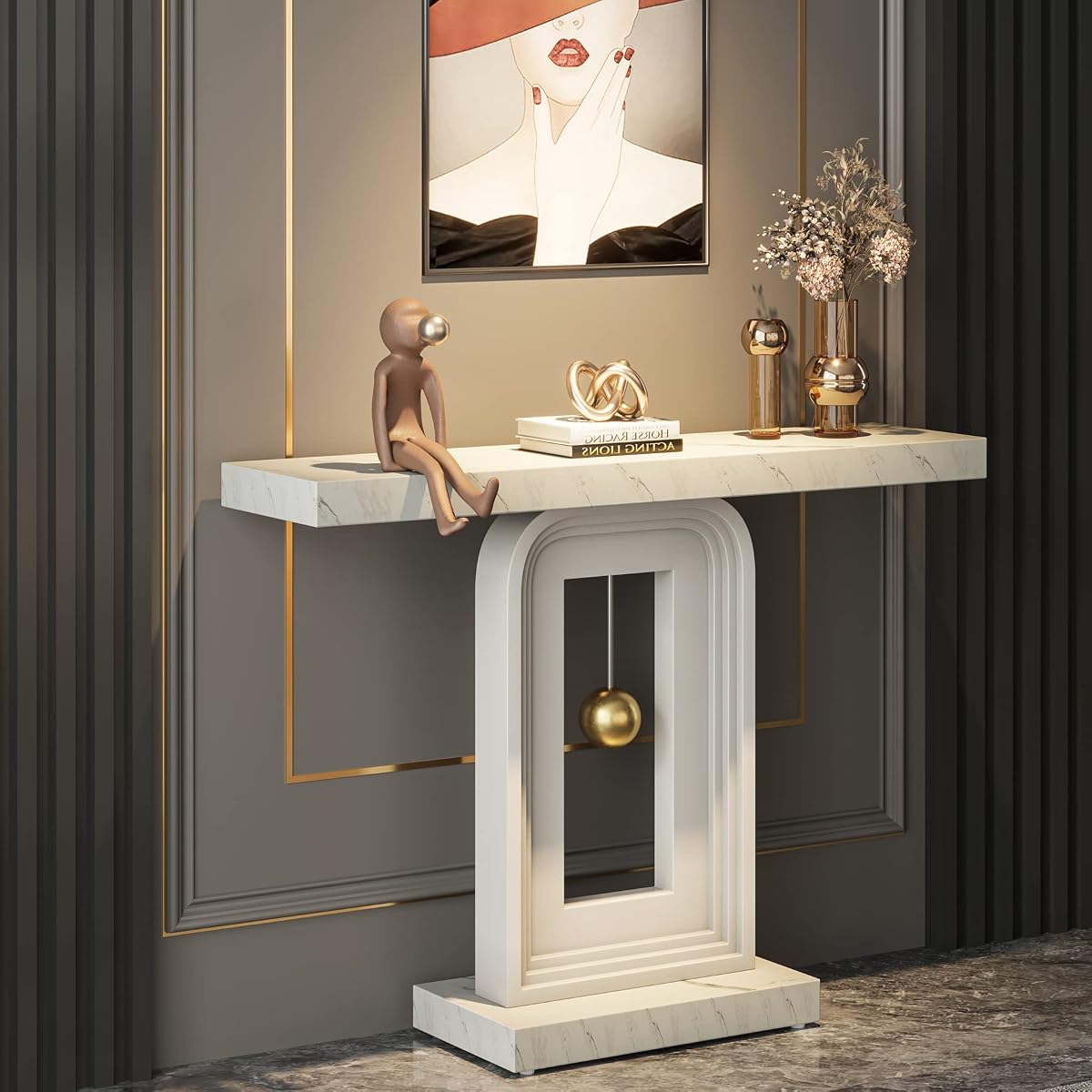 Tribesigns Modern Console Table, 40 Inches Faux Marble Sofa Table, Contemporary Entryway Table with Pendulum Shape Base for Living Room Hallway Entrance, White