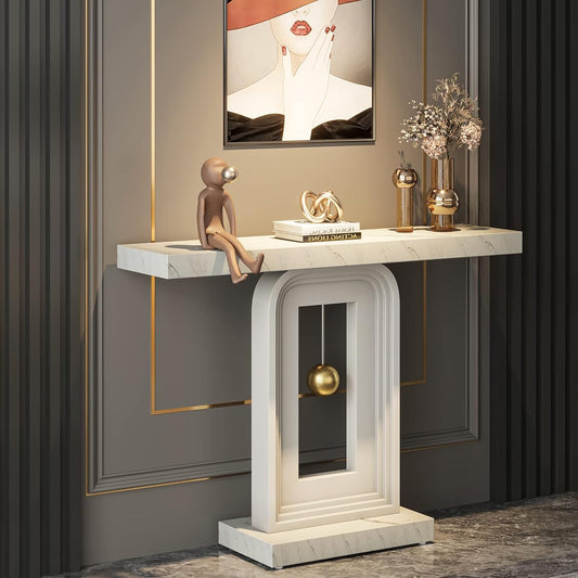 Tribesigns Modern Console Table, 40 Inches Faux Marble Sofa Table, Contemporary Entryway Table with Pendulum Shape Base for Living Room Hallway Entrance, White