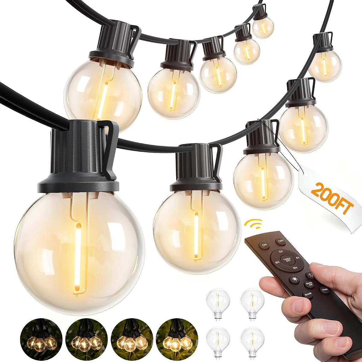 200FT Outdoor String Lights G40 with Remote Control, Dimmable Patio Globe LED Lights Waterproof Shatterproof, Hanging Outside Lighting for Backyard, Garden, Deck, Balcony, Porch, Café, Bristo