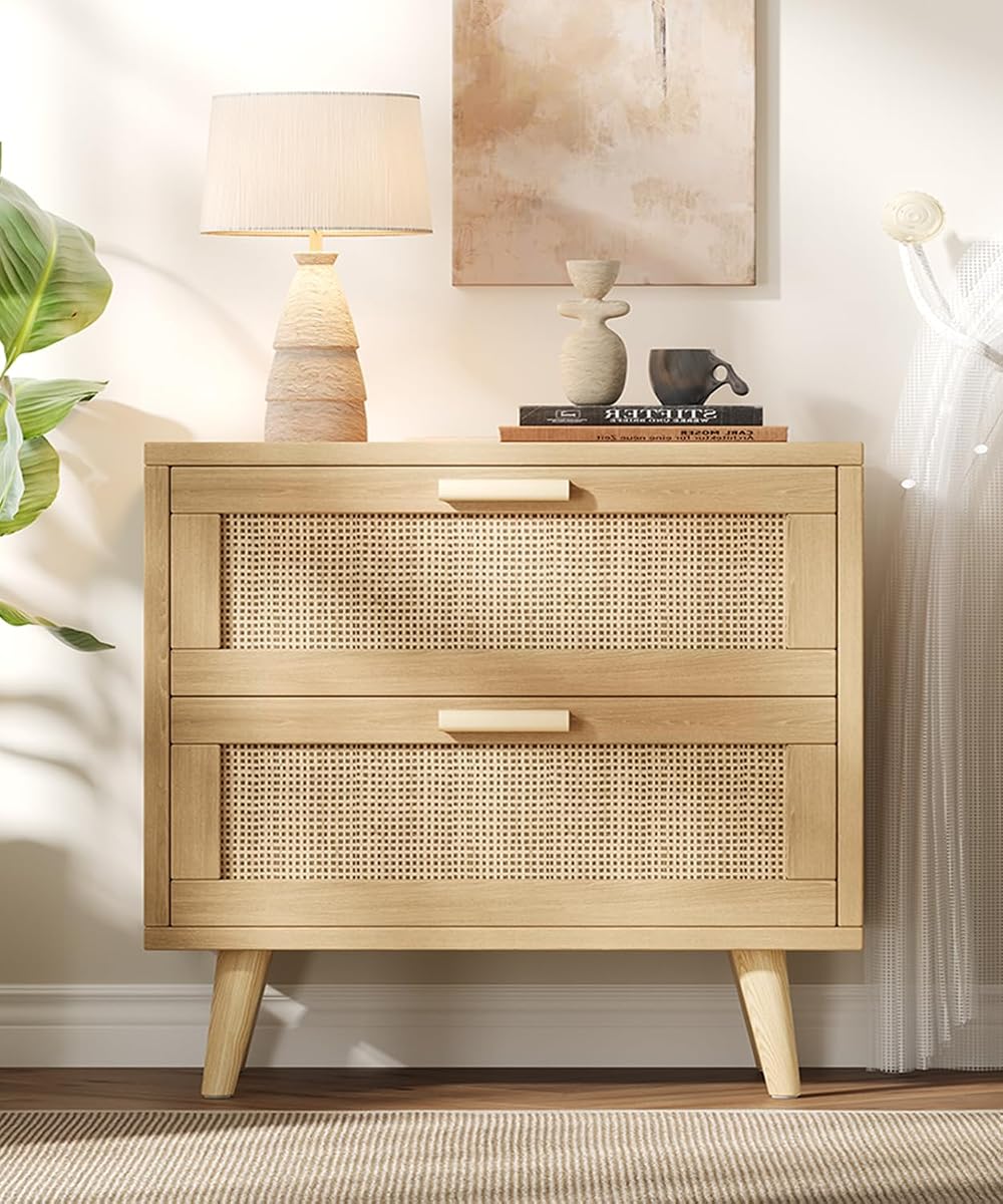 23.6" W Rattan Nightstand with Charging Station, Large Bedside Table with 2 Drawers, Wooden End Table with Solid Wood Legs, Boho Night Stand for Bedroom, Natural Oak KES009MECTG