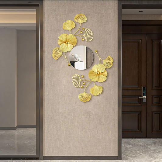 Gold metal ginkgo leaf decorative wall mirrors, 3 pieces