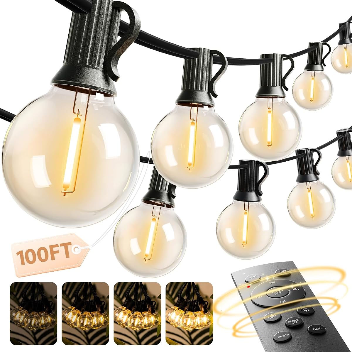100FT Outdoor String Lights G40 with Remote, 54 LED Shatterproof Bulbs
