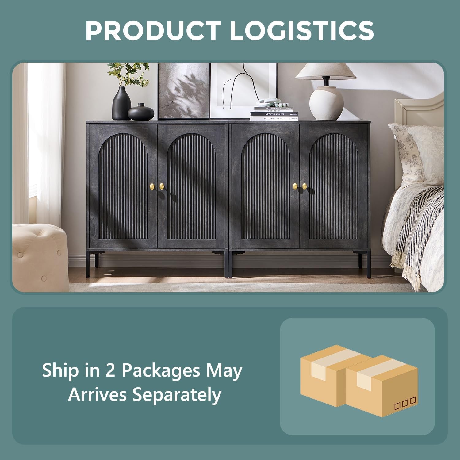 Modern Buffet Cabinet with Storage, 61.75" W Fluted Arched Sideboard Cabinet W/Adjustable Shelves, Wooden Modular Coffee Bar for Dining Room, Kitchen, Living Room, Entryway, Dark Grey