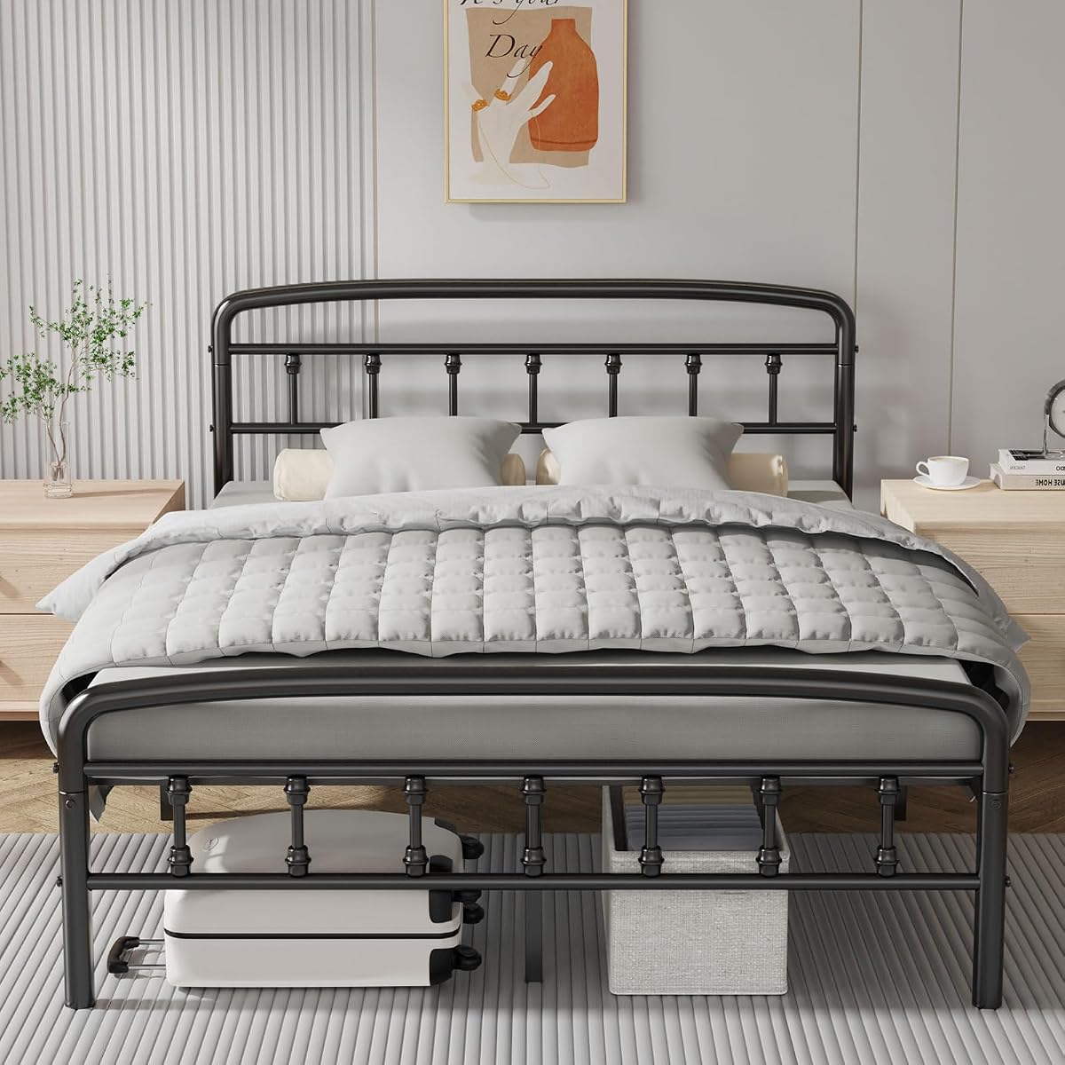 Full Victorian Metal Bed Frame with Headboard and Footboard, Black