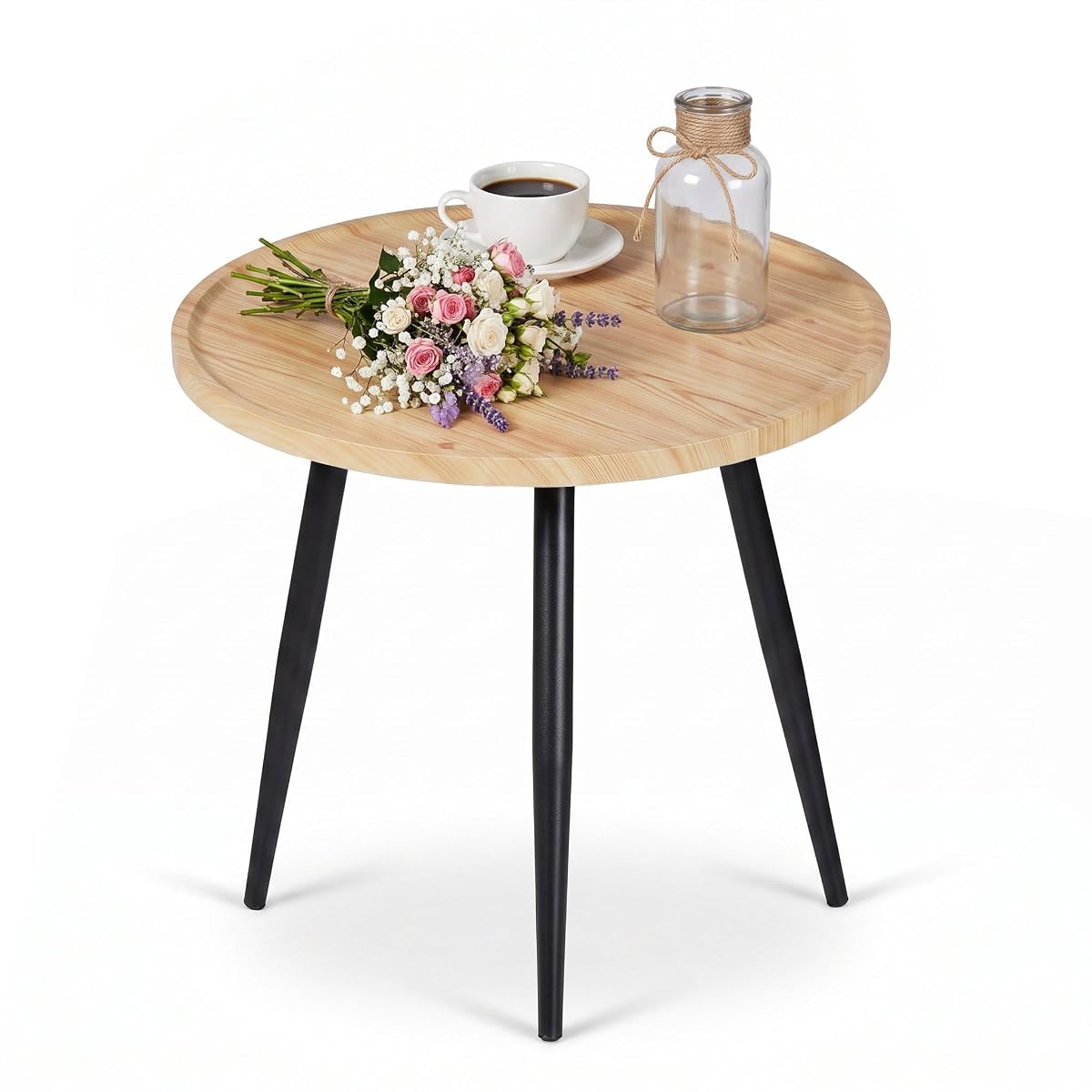 Modern Side Table, Round Small End Table, Exclusively Designed Hand-Crafted Small Nightstand, Solid Wood,Natural top with Black Metal Legsfor Bedrooms, Living Rooms and Home Office