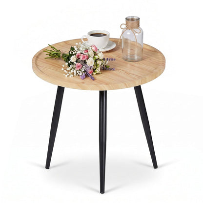 Modern Side Table, Round Small End Table, Exclusively Designed Hand-Crafted Small Nightstand, Solid Wood,Natural top with Black Metal Legsfor Bedrooms, Living Rooms and Home Office