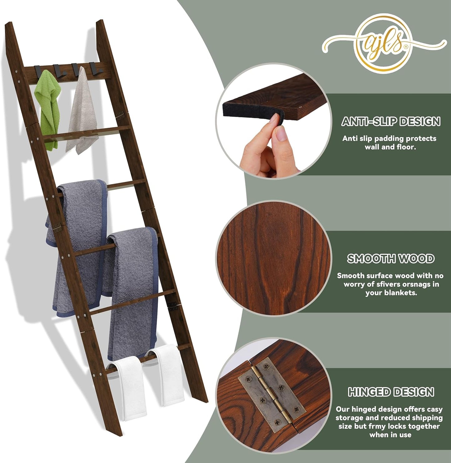 6-Tier Blanket Ladder for Living Room, 5.6FT Pine Wood Quilt Rack with 4 Anti-Slip Straps and 4 Removable Hooks, Lightweight, Easy Assembly, Hinged Design, Farmhouse Decorative Shelf