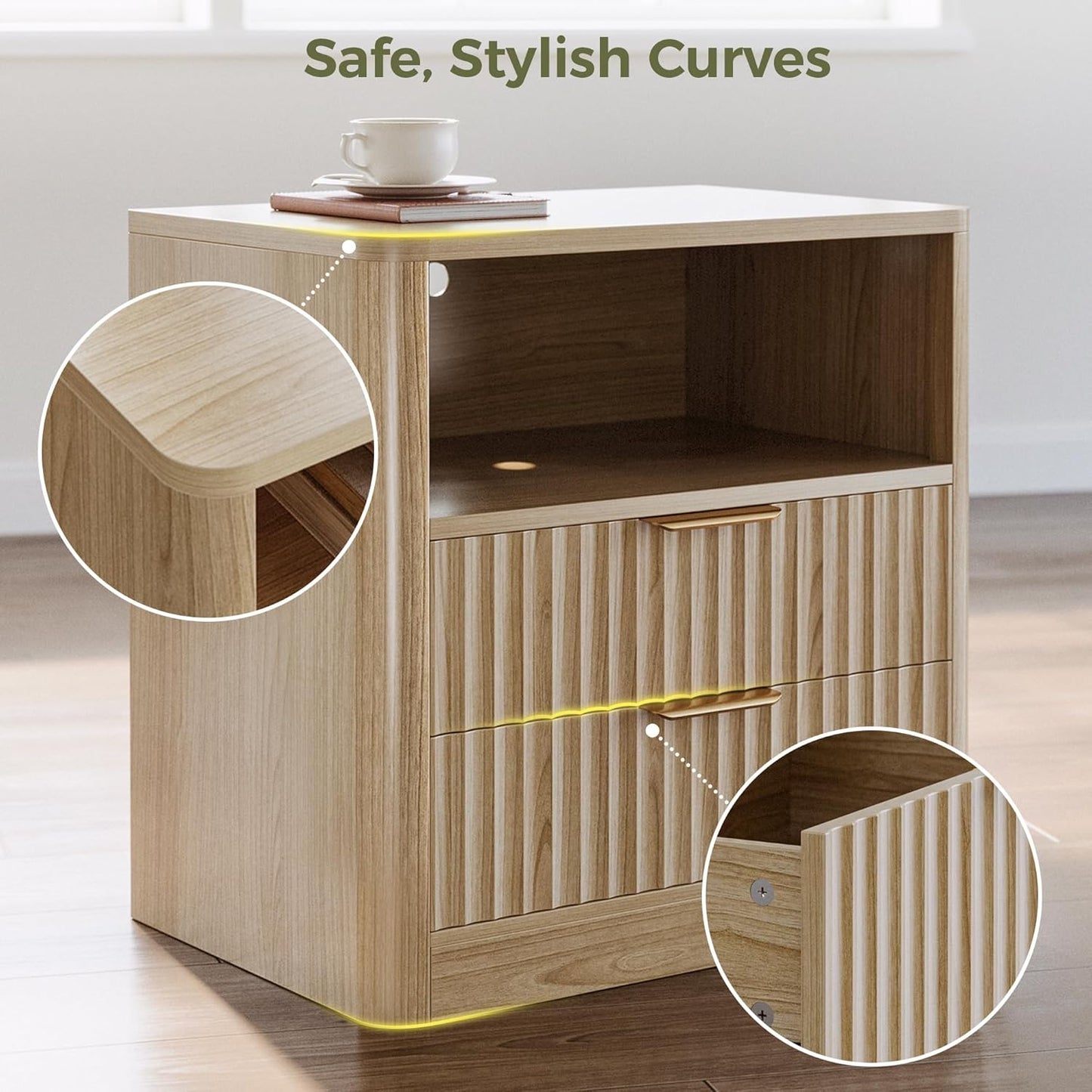 Fluted Night Stand Set of 2, Modern Nightstand with Charging Station, Drawers and Open Shelves - Bedside Table Wood Side Table Set for Bedroom, Oak